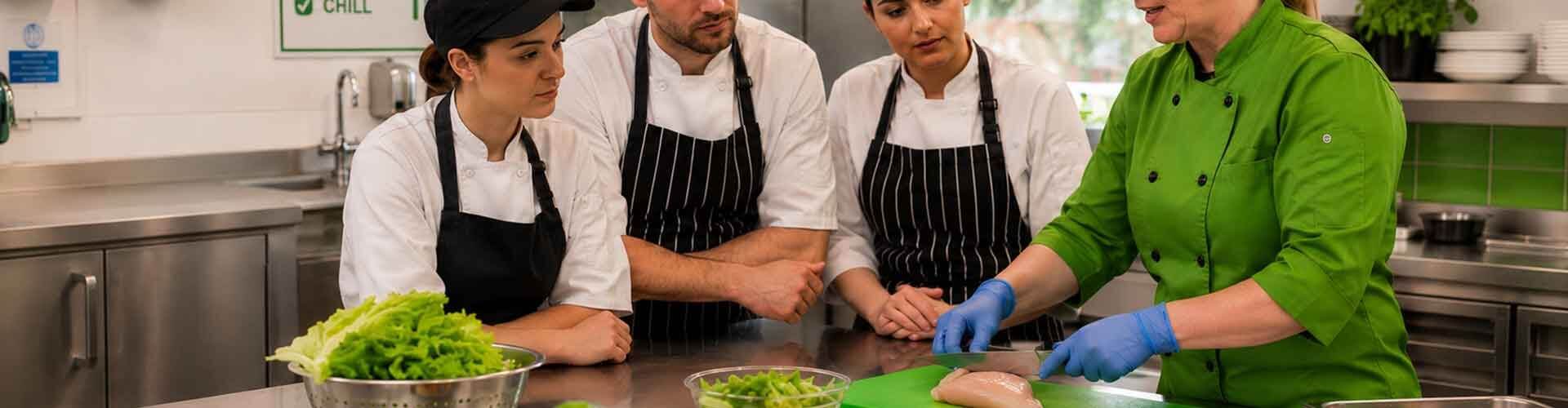 A professional food safety and hygiene training course in a commercial kitchen. A female chef instructor wearing a green chef's coat and blue gloves demonstrates safe meat cross-contamination prevention on a green cutting board while three catering students watch closely.