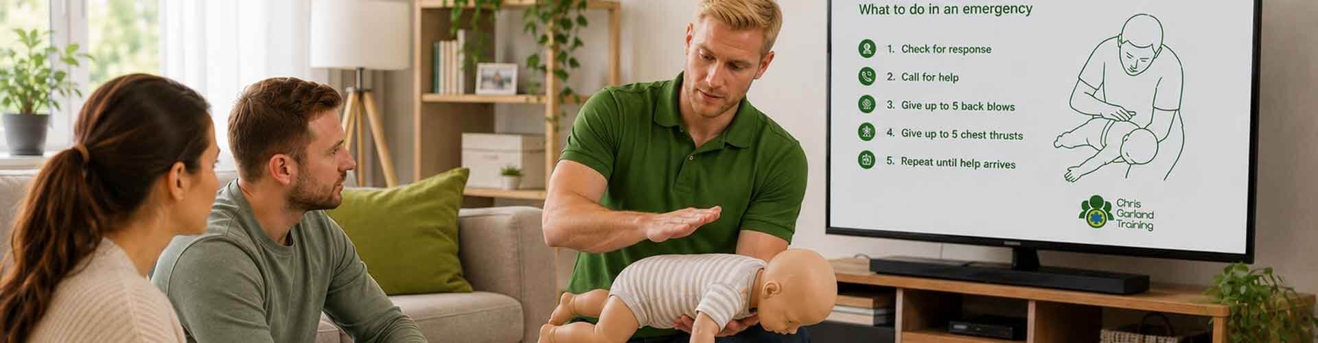 Family first aid training session at home, demonstrating infant choking relief on a baby manikin.