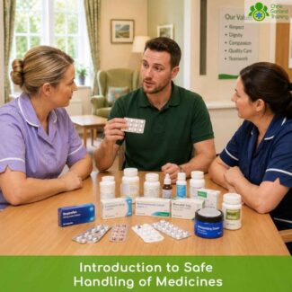 Healthcare instructor holding a blister pack of pills while training care workers on safe medication handling.