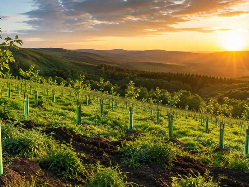 Rows of newly planted young saplings in green tree guards on a rolling hillside at sunset, featuring the Just ONE Tree partner logo.