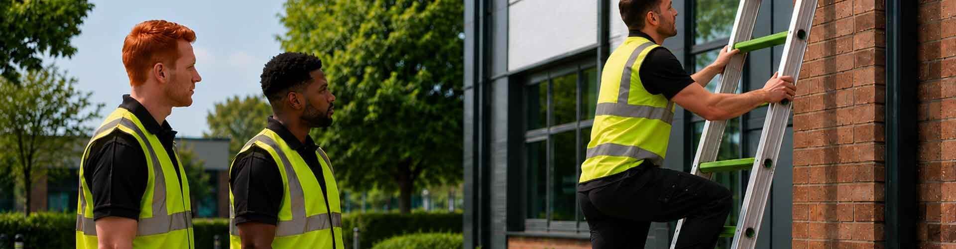 A practical working at height safety course outdoors. A male technician wearing a high-visibility yellow vest climbs an extension ladder against a brick commercial building while two colleagues stand safely at the base to monitor correct workplace safety compliance.