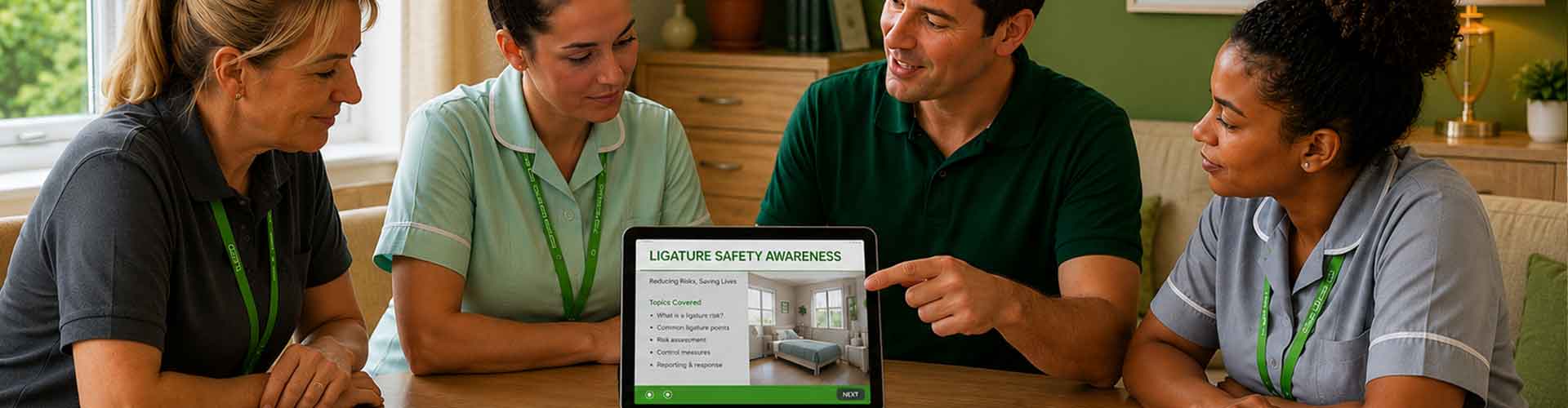 A healthcare training instructor uses a tablet to present a Ligature Safety Awareness course to care home staff seated at a table with a CQC compliance checklist.