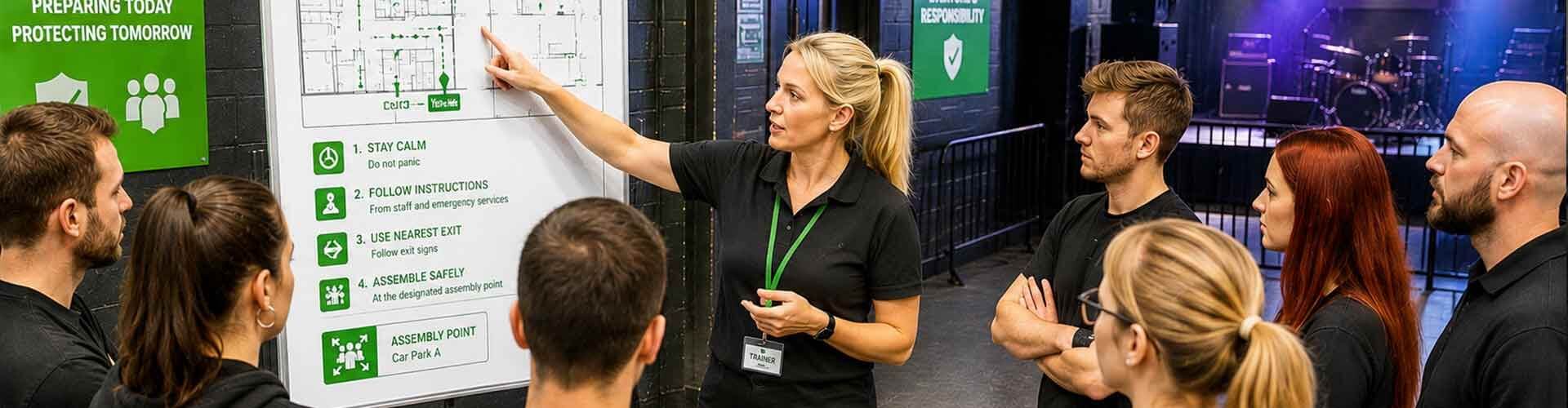 A Martyn's Law public venue safety briefing inside a theatre space. A female security trainer wearing a black polo shirt and a trainer ID badge points out emergency evacuation steps and assembly point protocols on a whiteboard to an audience of event staff.