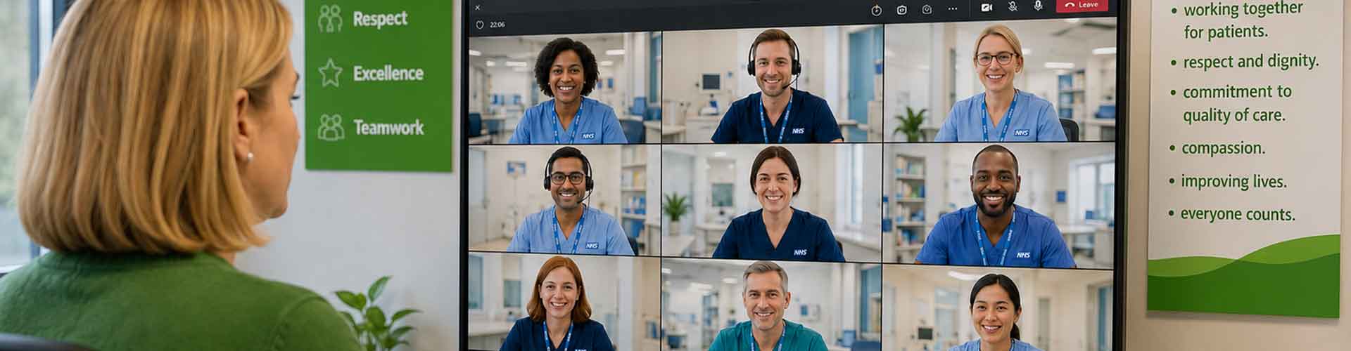 A female instructor leading an interactive live remote food safety training session with NHS medical staff over a group video conference call.