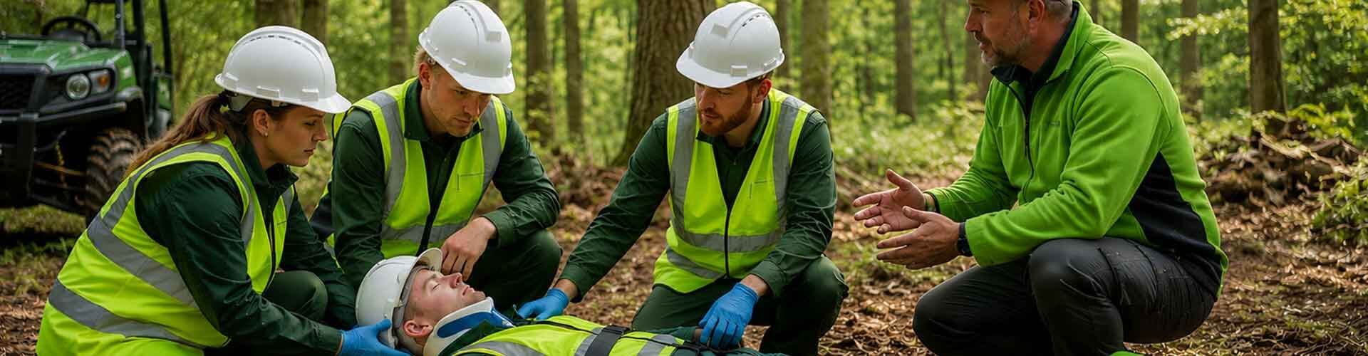 Practical outdoor first aid training session showing forestry workers treating a casualty in a woodland environment.