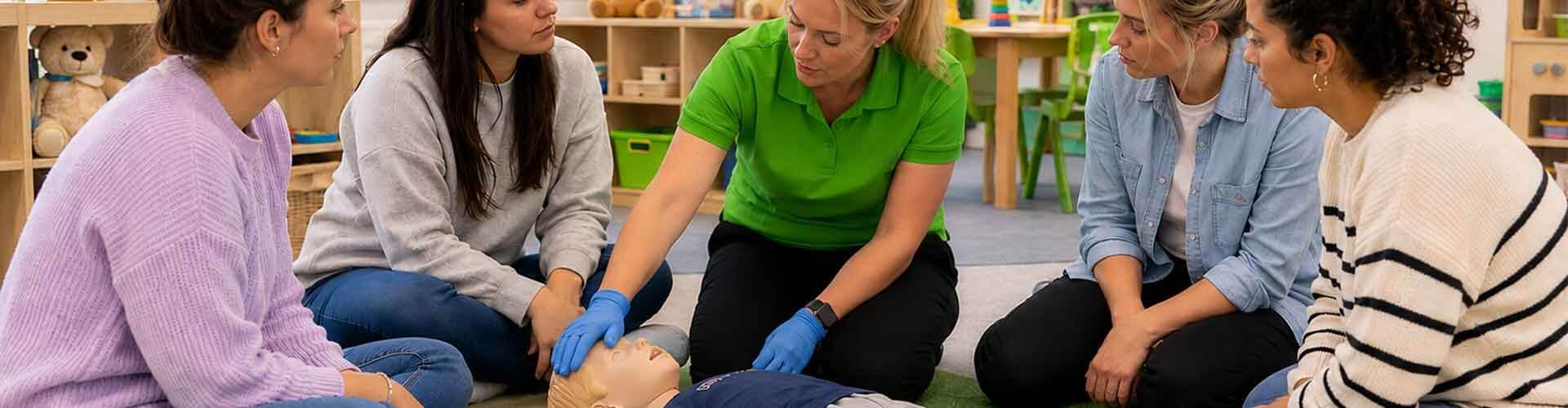Paediatric first aid training session demonstrating infant resuscitation techniques on a child manikin.