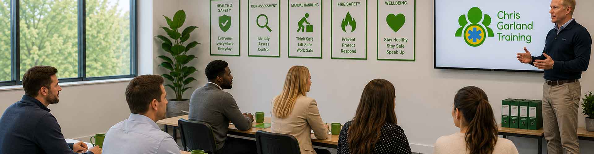 A bright classroom setting with an instructor presenting to a group of corporate delegates at Chris Garland Training. On the white wall behind them are green-framed compliance posters for Health & Safety, Risk Assessment, Manual Handling, Fire Safety, and Wellbeing.