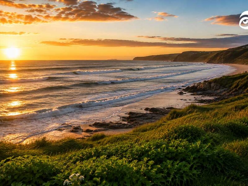 A scenic coastline with ocean waves rolling onto a sandy beach at sunset, featuring the Surfers Against Sewage charity logo.