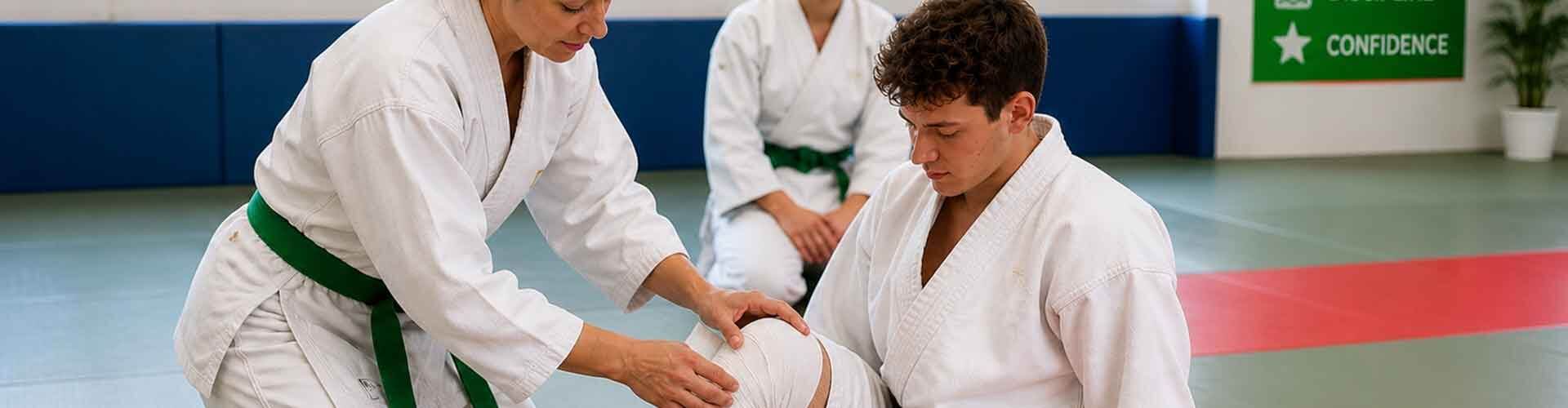 Sports first aid training session showing an instructor treating a knee injury on a martial arts mat.