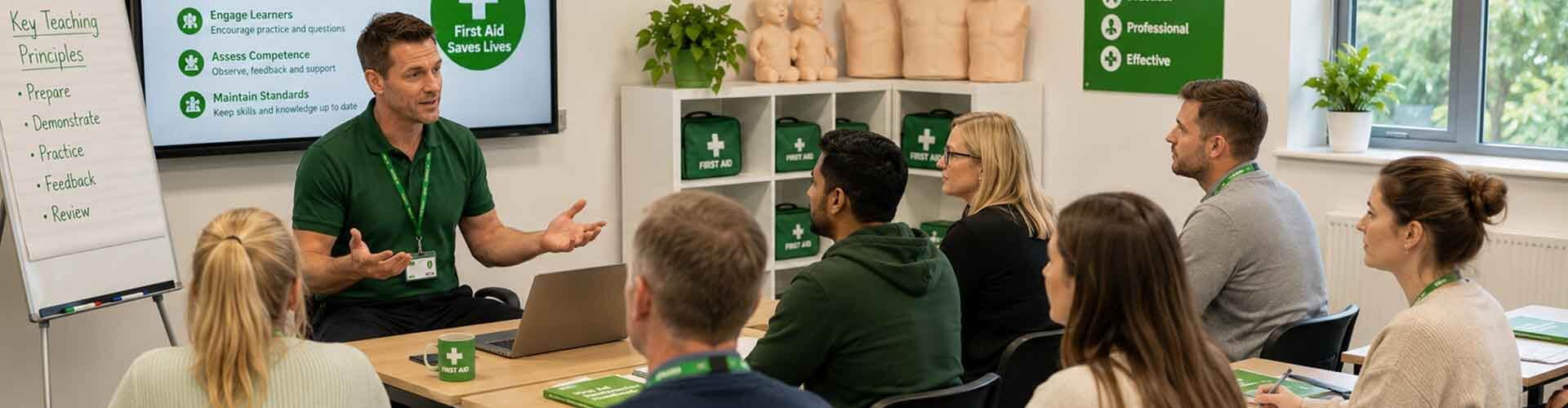 An instructional education workshop for a Train the Trainer qualification. A male instructor wearing a green polo shirt stands at a table with a laptop, gesturing to a classroom of attentive adult students. To his left, a flipchart outlines 