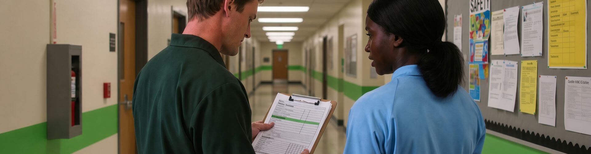 Two school staff members reviewing an allergy safety checklist on a clipboard in a school corridor.