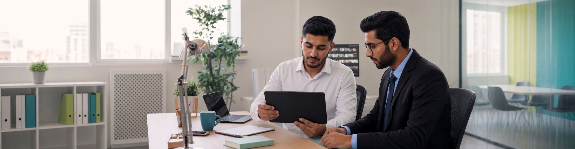 A professional meeting in an office setting discussing compliance and data protection.