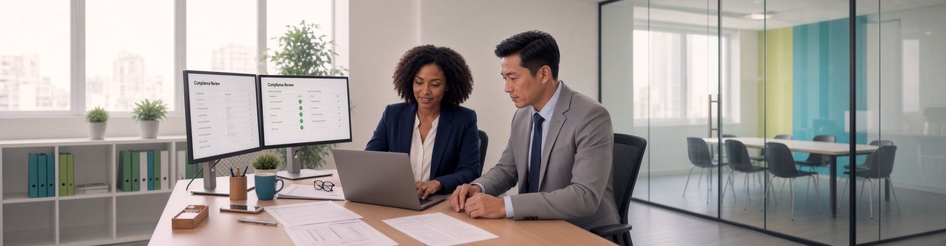 Maladministration and Malpractice Policy banner showing two quality assurance colleagues reviewing compliance checklists on a laptop and monitors.
